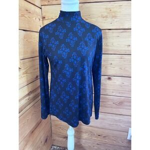 Blue Sky Bamboo Mock Neck Top Black Blue Print Stretch Shirt Medium Dark Academi